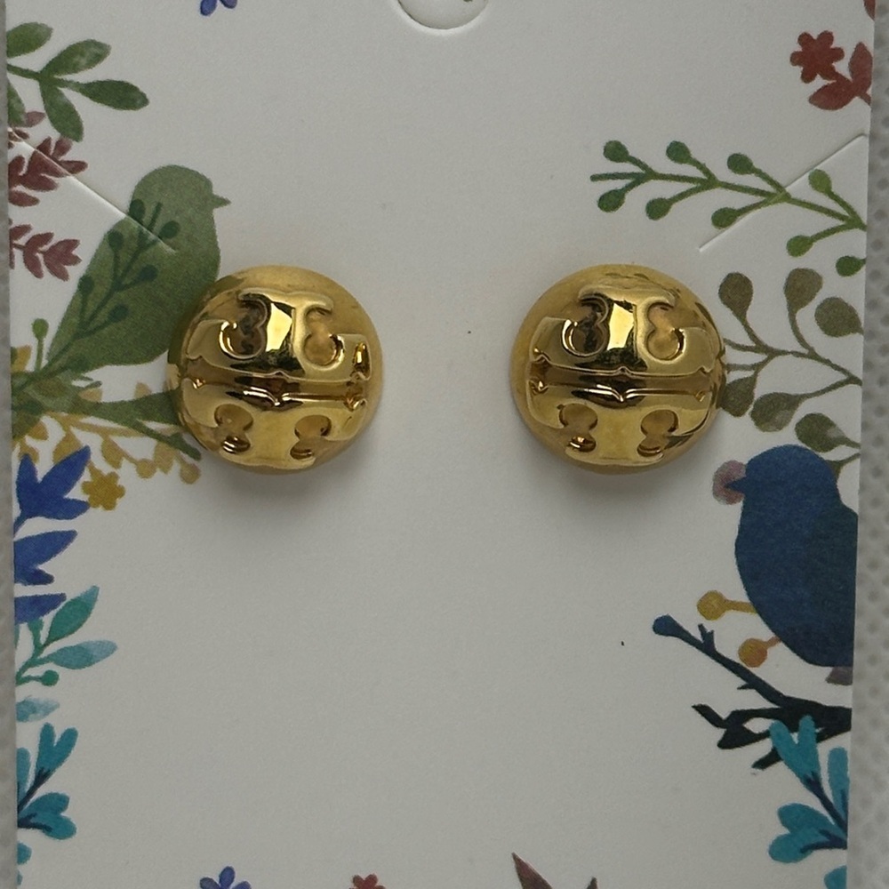 Tory Burch Icon Circle Stud Gold Logo Earrings EUC